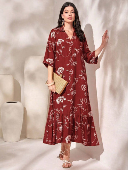 Hot New Items at Buy Center: Elegant Style Printed Loose Casual Dress Women Brick Red