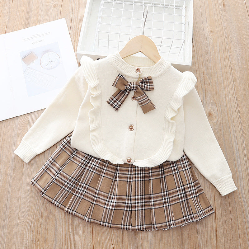 Just Arrived at Buy Center: Children's Spring Clothes Knitted Plaid Pleated Skirt Two-piece Set White