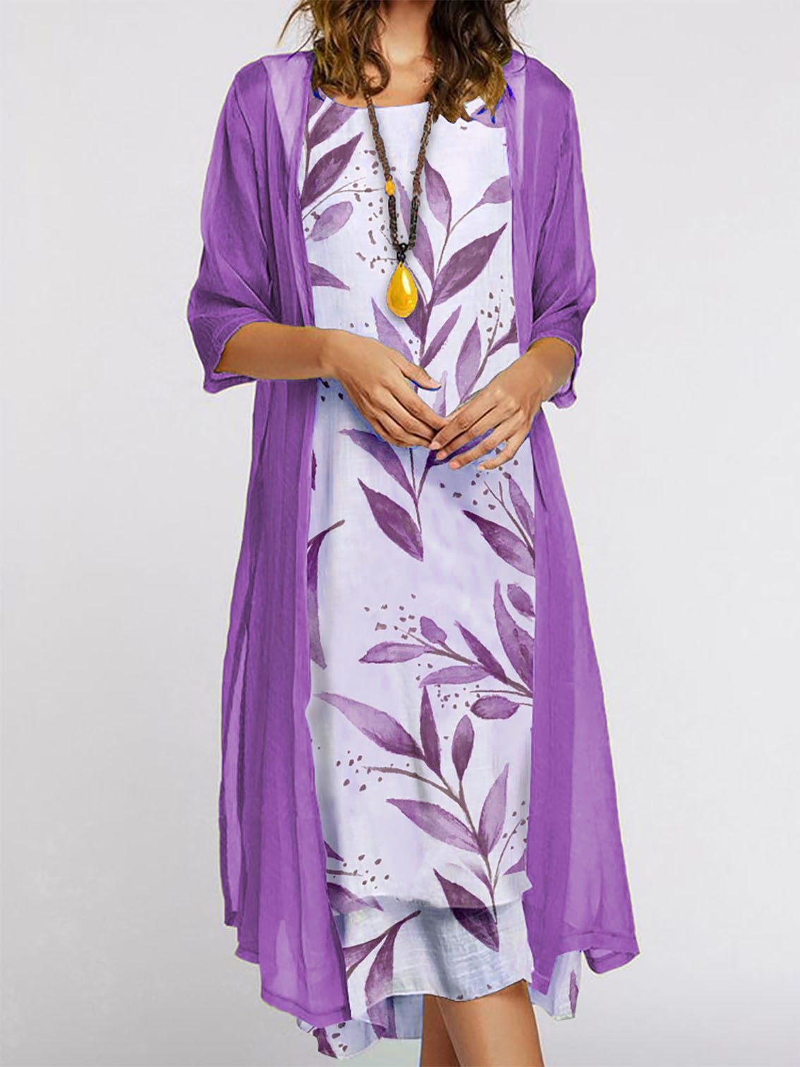 Just Arrived at Buy Center: Women's Dress Two-piece Set Flowers And Plants Printed Round Neck Dress And Coat Bamboo Leaf Purple