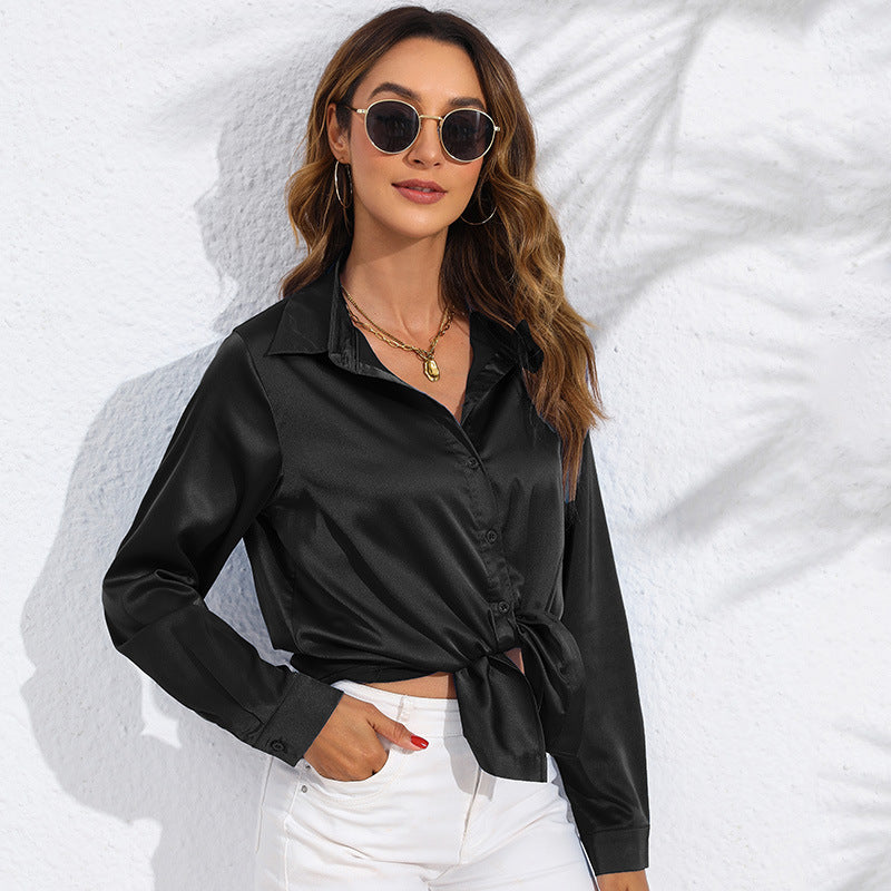 Hot New Items at Buy Center: Women's Solid Color Satin Satin Long Sleeve Blouse Black