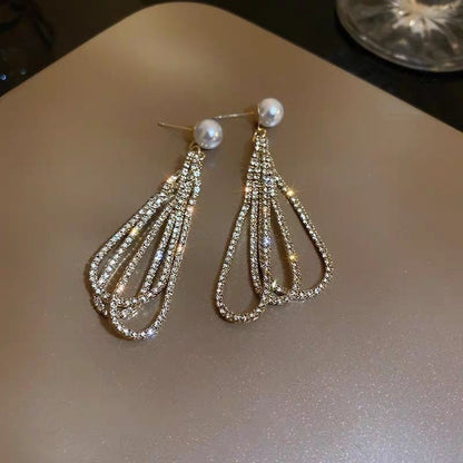 Hot New Items at Buy Center: Drop-shaped Full Diamond Pearl Earrings Long Tassel Earrings Gold