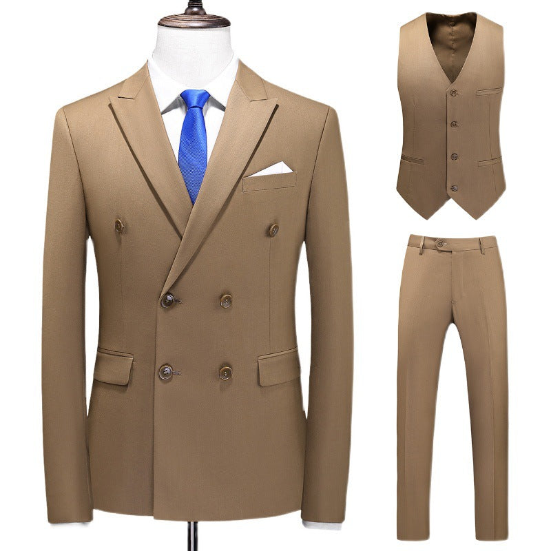 Hot New Arrivals at Buy Center: Men's Oversized Double Breasted Solid Color Suit Three Piece Set Khaki