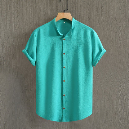 Fresh on the Scene at Buy Center: Men's Fashion Casual Stand Collar Short Sleeve Shirt Lake Blue