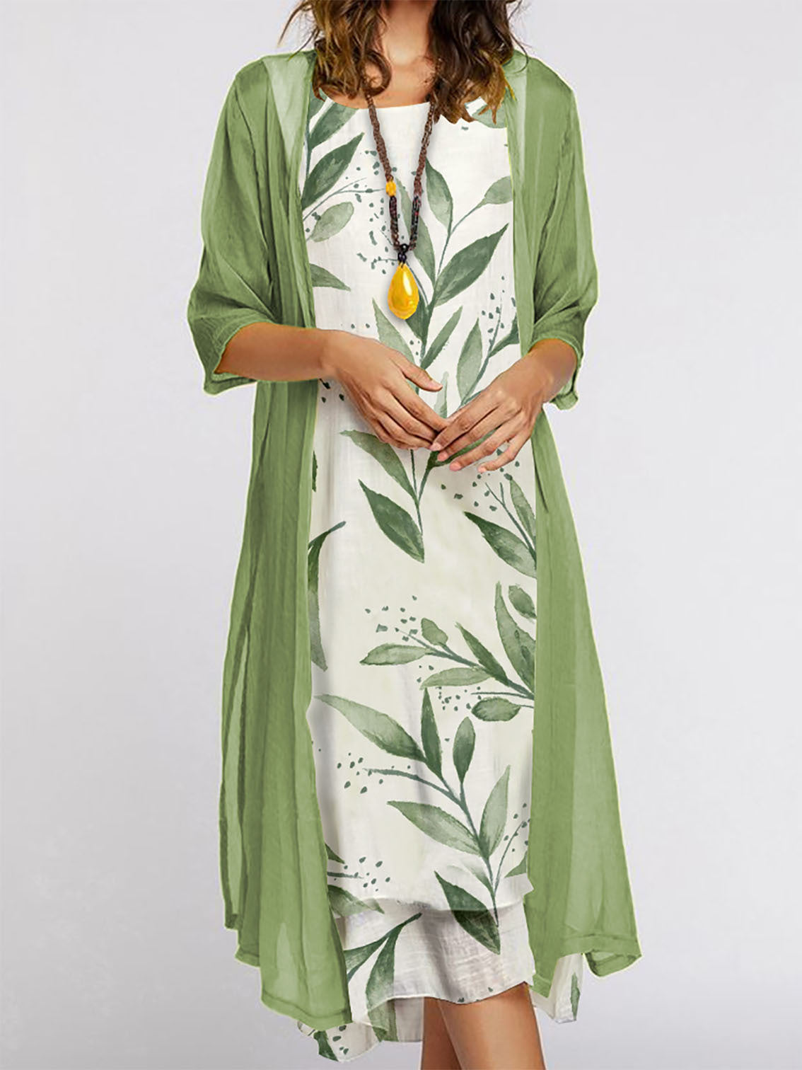 Just Arrived at Buy Center: Women's Dress Two-piece Set Flowers And Plants Printed Round Neck Dress And Coat Bamboo Leaf Green