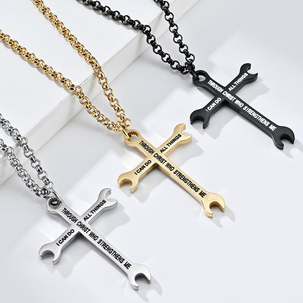 Just Arrived at Buy Center: Men's Titanium Steel Glossy Wrench Cross Necklace