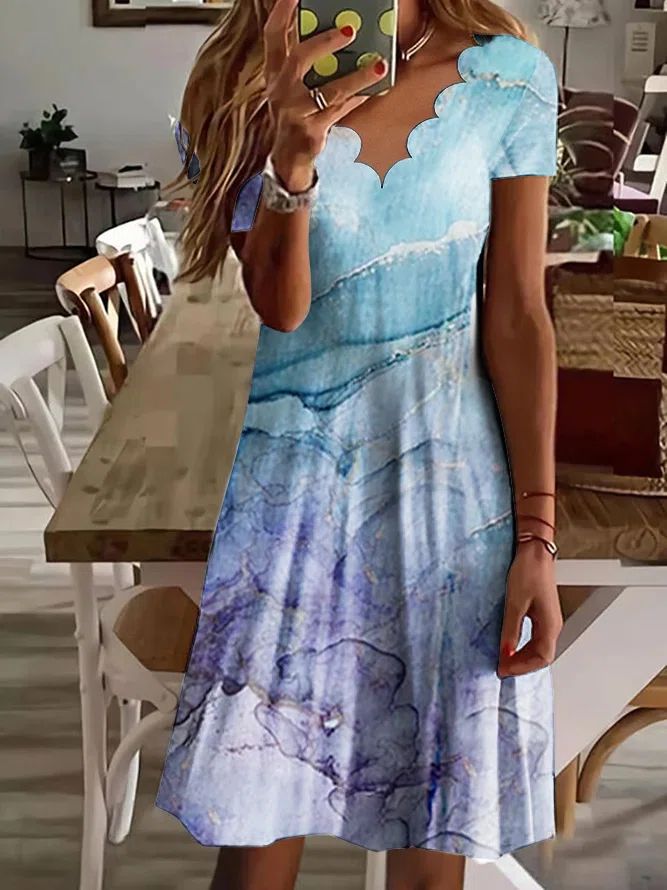 Newly Released at Buy Center: Printed Fluted Collar Short Sleeve Mid-length Dress Sky Blue