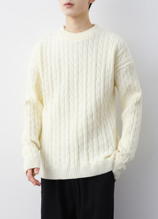 Pull torsadé épais à col rond pour homme, couleur unie, ample