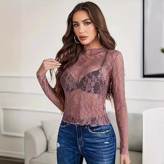 New Women's Lace Blouse Long Sleeve Transparent Shirt