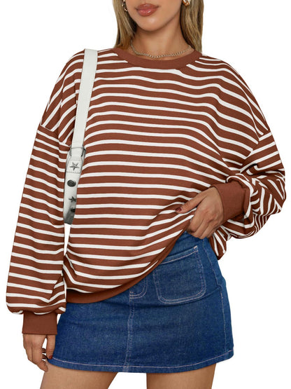 Fresh Arrivals at Buy Center: Women's Colorful Striped Round Neck Loose Sweatshirt Rust Red