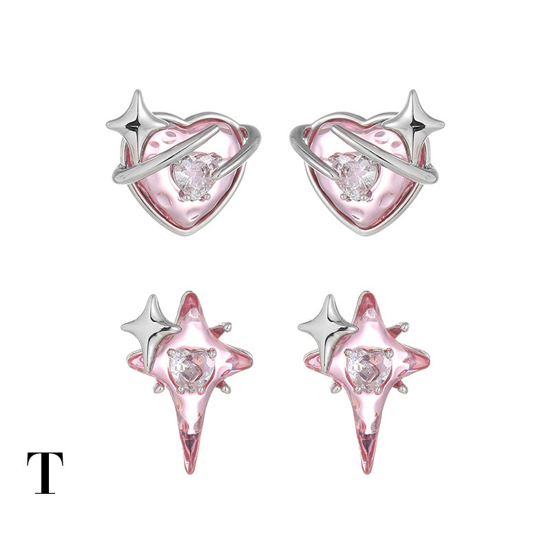 Hot New Items at Buy Center: Brass White Gold-plated Heart-shaped Four Eight-pointed Stars Zircon Stud Earrings For Women