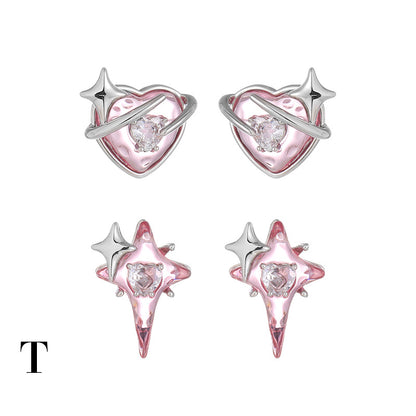 Hot New Items at Buy Center: Brass White Gold-plated Heart-shaped Four Eight-pointed Stars Zircon Stud Earrings For Women