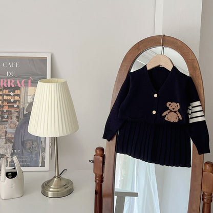 Newly Released at Buy Center: Children's College Popular Cardigan Skirt Two-piece Set Bear Dark Navy Blue