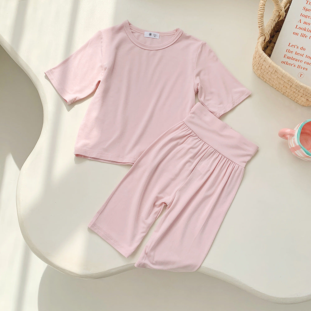 Hot New Items at Buy Center: Modal Children's Pajamas Short-sleeved Thin Bellyband Homewear Suit Wide Waist Nude Pink