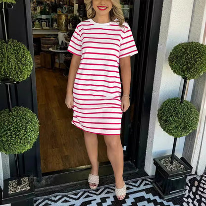 New Fashion Striped Round Neck Dress Women Red On White Background