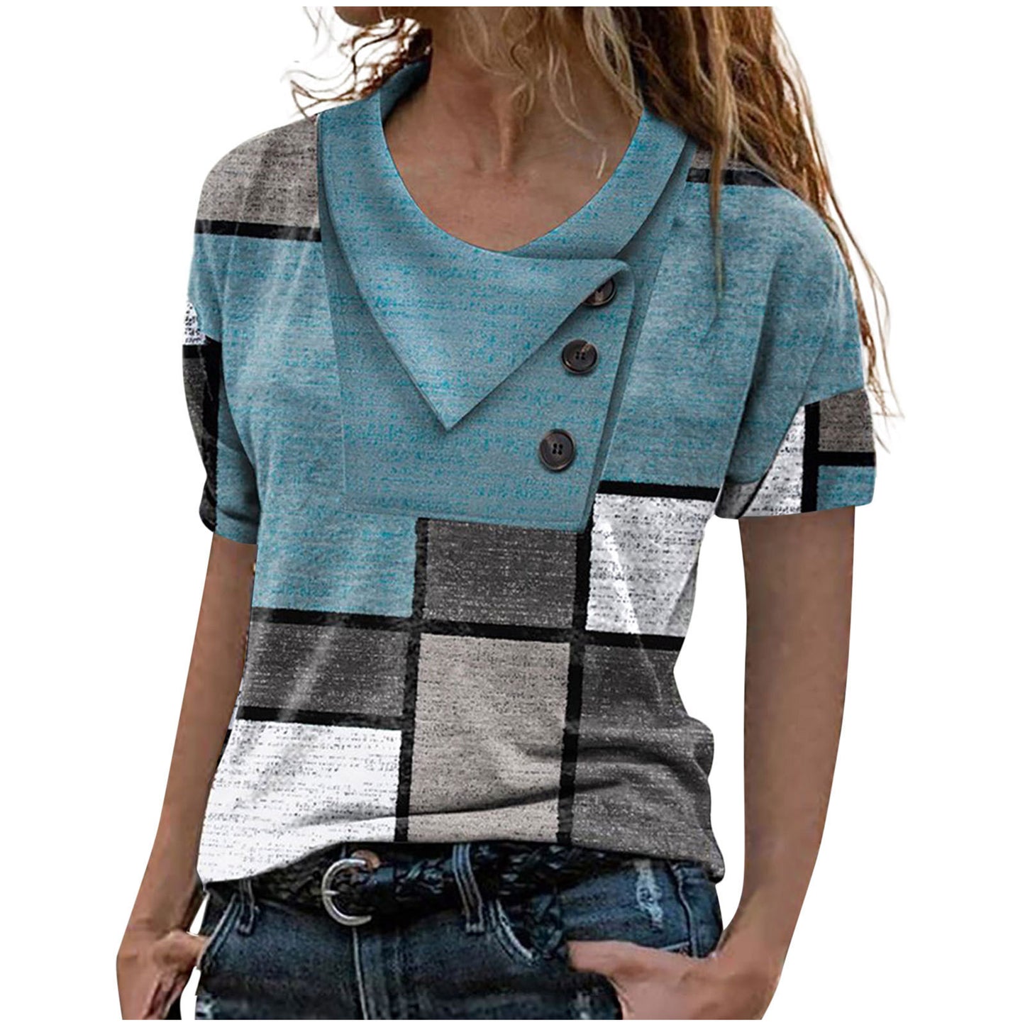 Just Arrived at Buy Center: Women's Digital Printing Lapel Short-sleeved Top Blue