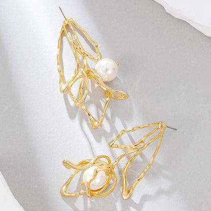 18K Real Gold Electroplated Tulip Pearl Earrings Retro Exaggerated