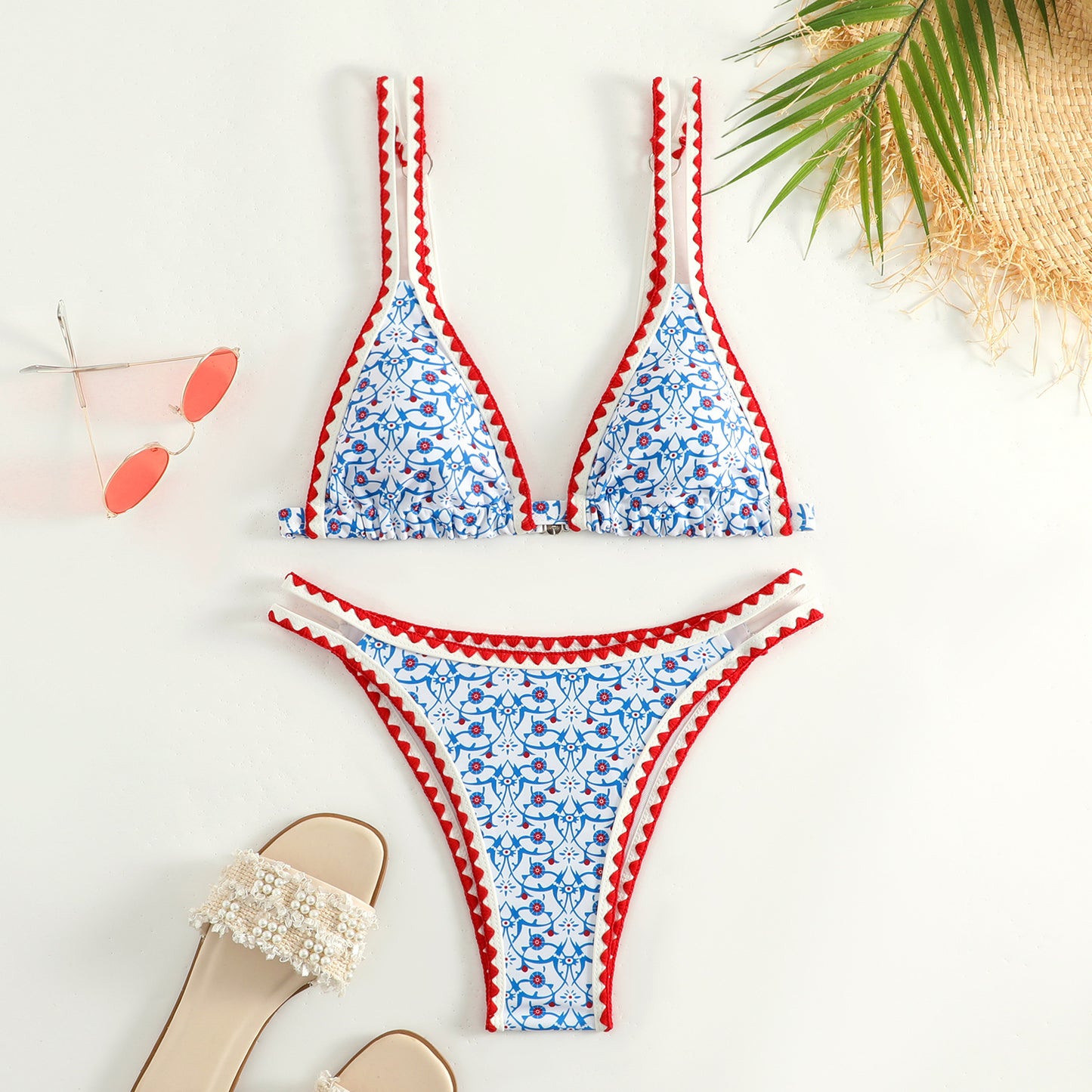 Just Arrived at Buy Center: Women's Fashion Printed Split Bikini Swimsuit Blue Red Flower