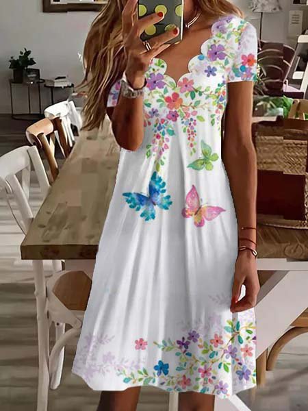 Newly Released at Buy Center: Printed Fluted Collar Short Sleeve Mid-length Dress White Butterfly