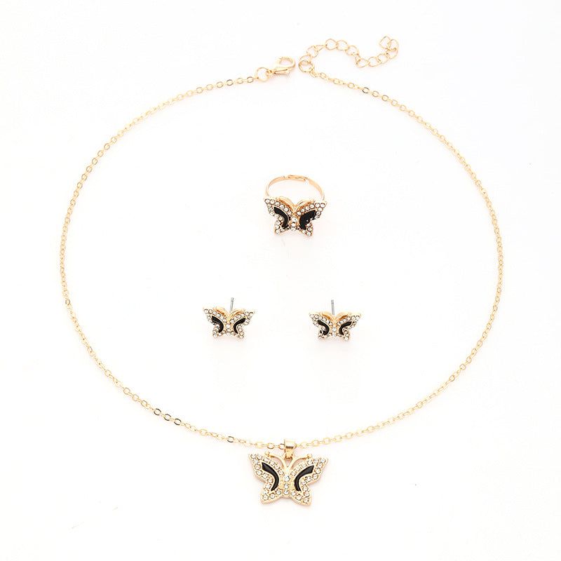 New Diamond Butterfly Necklace Ring Earings Set