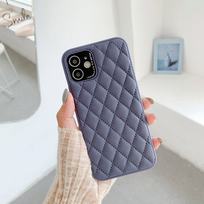 New at Buy Center: Solid Color Diamond Plaid Lambskin Phone Case Dark Purple