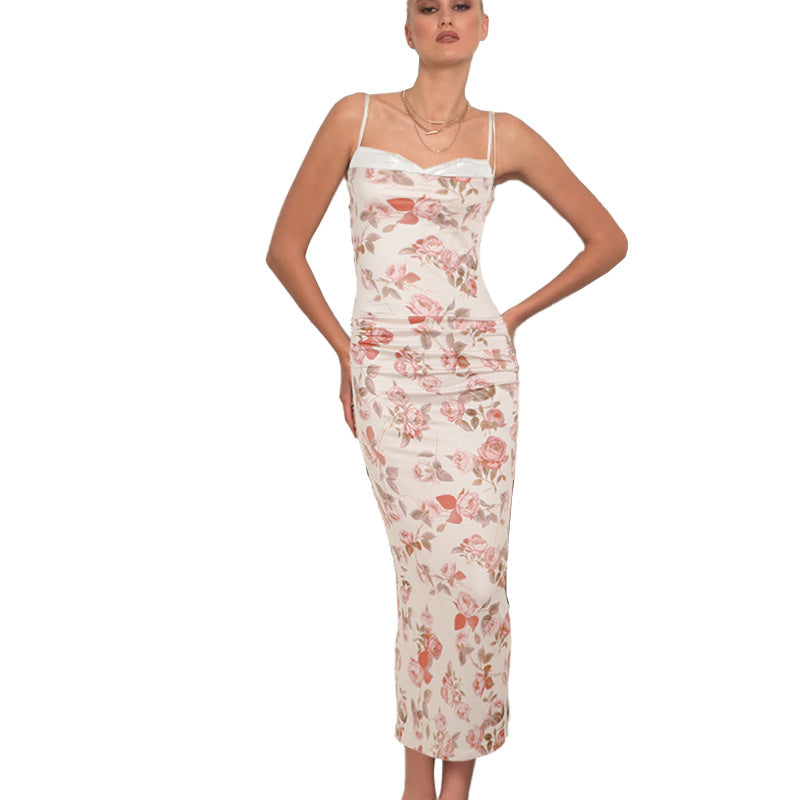 Fresh Arrivals at Buy Center: Floral Print Slit Suspenders Dress Waist-tight