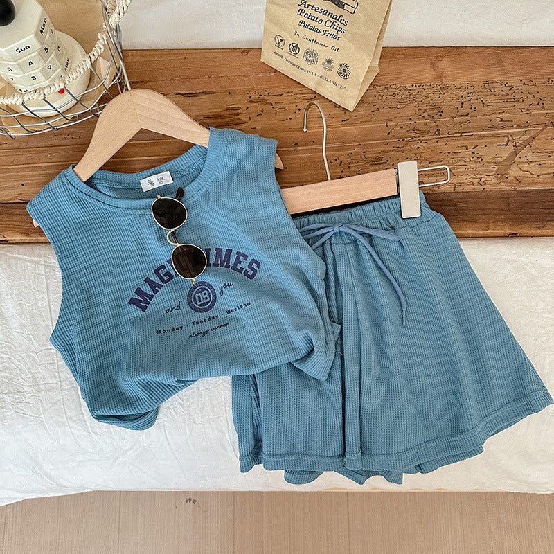 Hot New Items at Buy Center: Korean Style Ins Infant Children's Clothing Summer Sleeveless Vest Shorts Suit Letter Printing Lake Blue