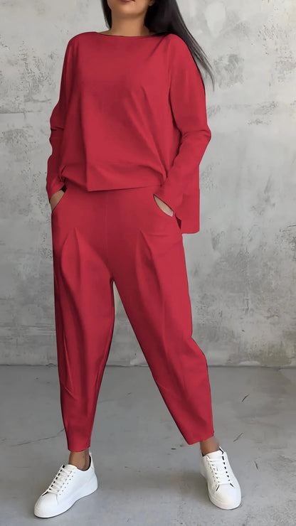 New Women's Irregular Design Long-sleeved Sweater Harem Pants Suit Red