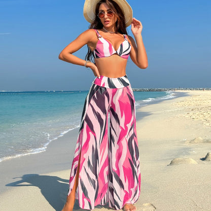 Just Arrived at Buy Center: Swimsuit Women's Bikini Pants Three-piece Suit Pink Striped Suit