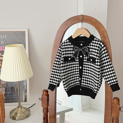 Hot New Items at Buy Center: Girls' Coat Wool Bowknot Chanel Style Sweater Autumn And Winter Clothing Knitwear