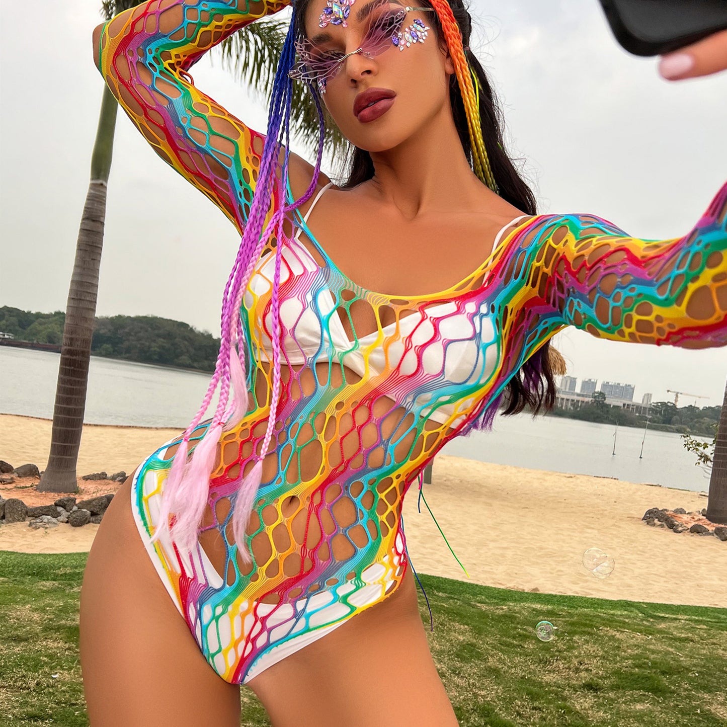 Just Arrived at Buy Center: Female Rainbow Striped Hollow One-piece Swimsuit Color Free Size