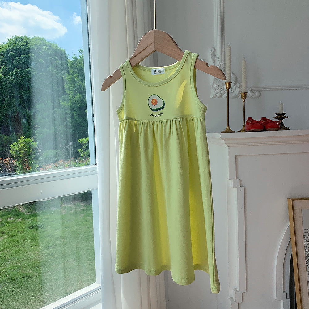 Newly Released at Buy Center: Girls' Vest Dress Fruit Printed Cotton Princess Dress Fruit Green Avocado