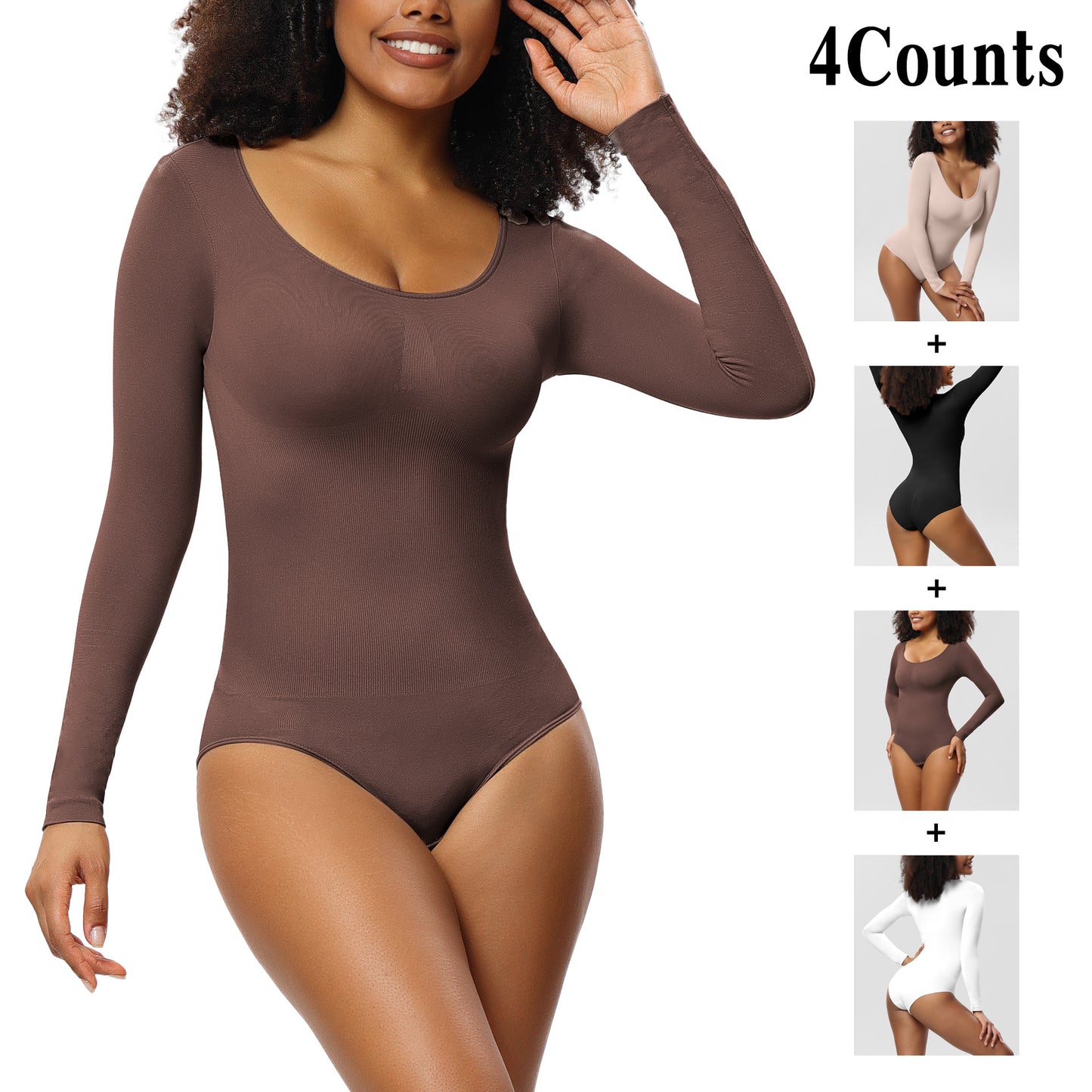 New Jumpsuit Women's Bottoming Shirt Long Sleeve Corset One-piece Corset Black Skin Brown White 4PCs