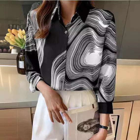 Now Available at Buy Center: Ink Painting Cotton Linen Long Sleeve Blouse