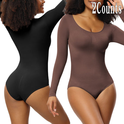 New Jumpsuit Women's Bottoming Shirt Long Sleeve Corset One-piece Corset Black Brown 2PCs Set