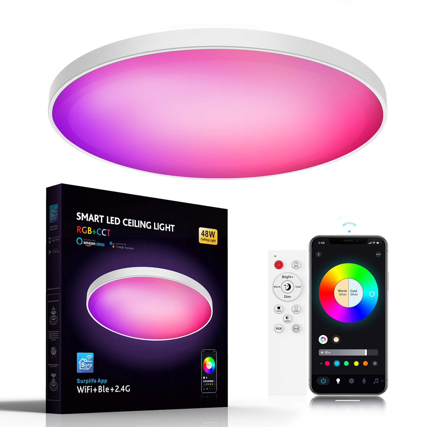 Newly Arrived at Buy Center: Smart Wifi Bluetooth Remote Control Rgbcw Dimming Three-proof Ceiling Lamp 48W European Standard