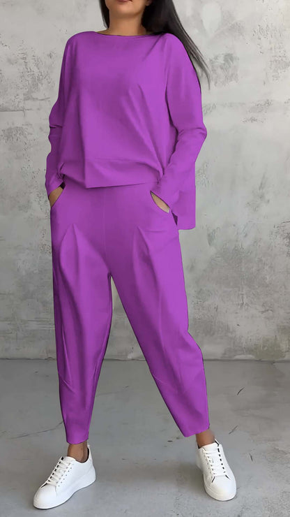 New Women's Irregular Design Long-sleeved Sweater Harem Pants Suit Purple