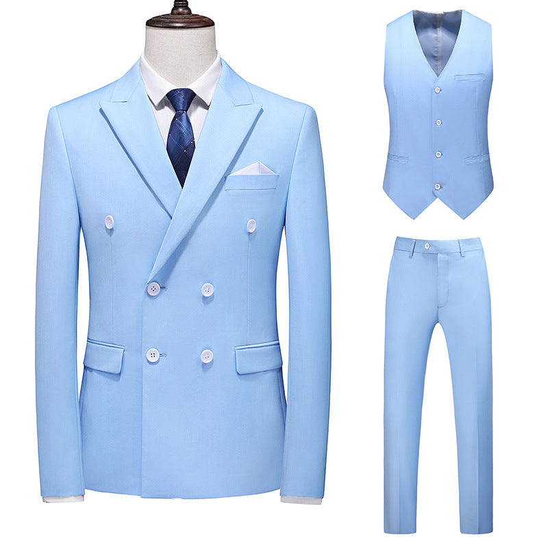 Hot New Arrivals at Buy Center: Men's Oversized Double Breasted Solid Color Suit Three Piece Set Sky Blue