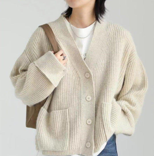 Newly Released at Buy Center: Korean Style Solid Color And V-neck Pocket Knitted Cardigan Sweet Cuff Sweater Coat