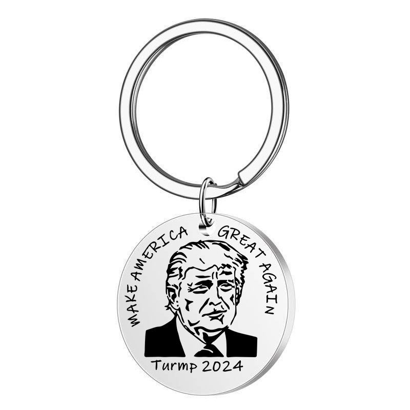 Trending Now at Buy Center: Trump Keychain Stainless Steel Round Board Lettering Keychain Pendant B13.3g 30x30x1.8MM