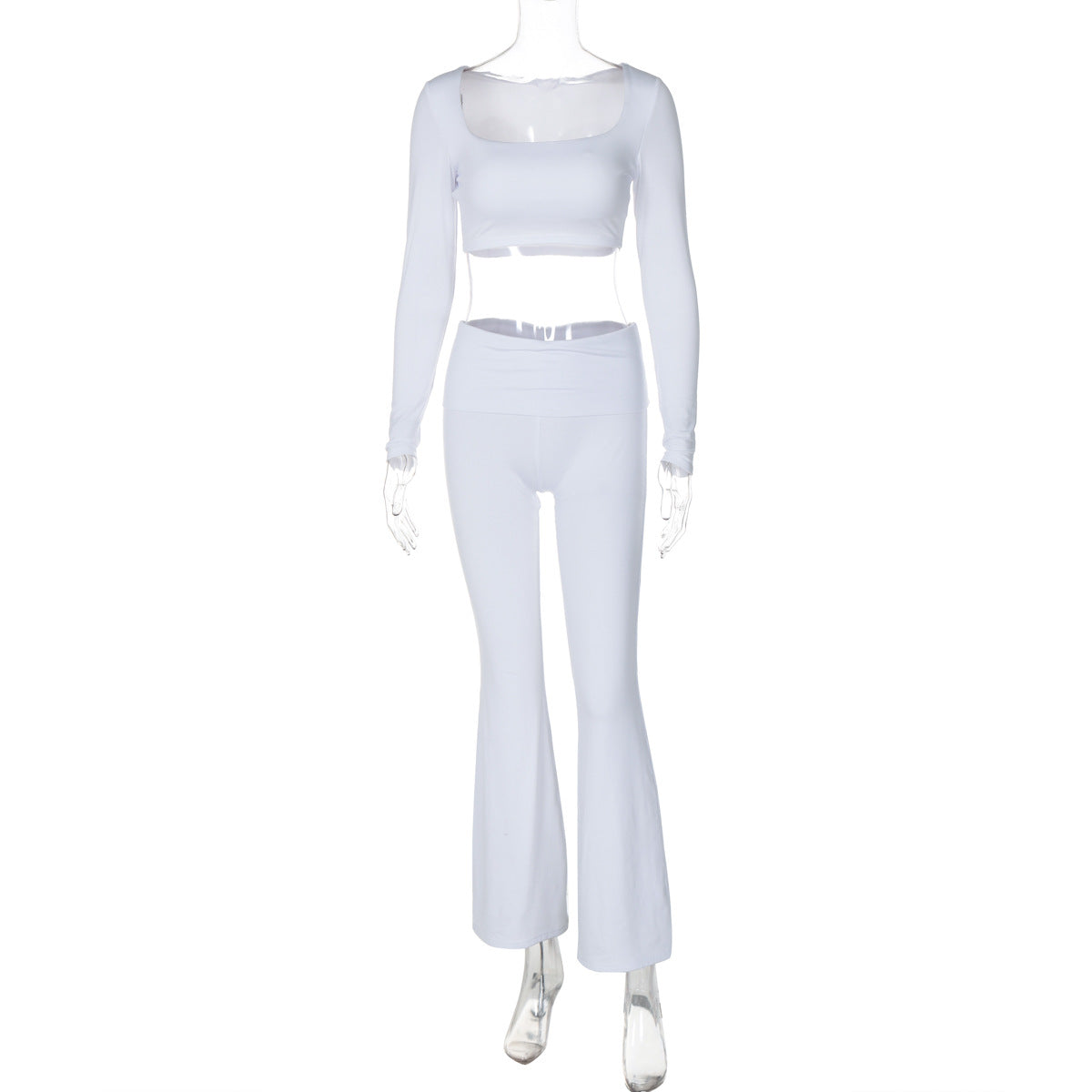 Fresh Arrivals at Buy Center: Women's Clothing Long Sleeve Square-neck Slim Fit Flared Pants Suit White