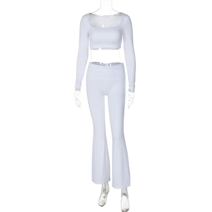 Fresh Arrivals at Buy Center: Women's Clothing Long Sleeve Square-neck Slim Fit Flared Pants Suit White