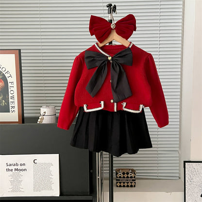 Fresh on the Scene at Buy Center: Autumn And Winter Bowknot Knitted Puff Sleeve Classic Style Bright Red Big Bow Suit