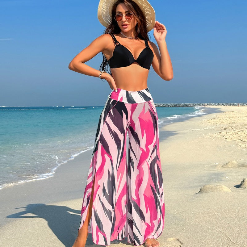 Just Arrived at Buy Center: Swimsuit Women's Bikini Pants Three-piece Suit Black With Pink Striped Suit