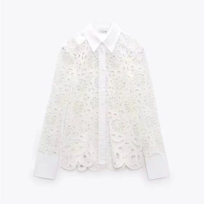 Hot New Items at Buy Center: Dignified Hollow Embroidered Lapel Shirt Skirt Suit Shirt