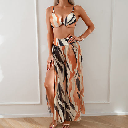 Just Arrived at Buy Center: Swimsuit Women's Bikini Pants Three-piece Suit Dark Stripes Suit