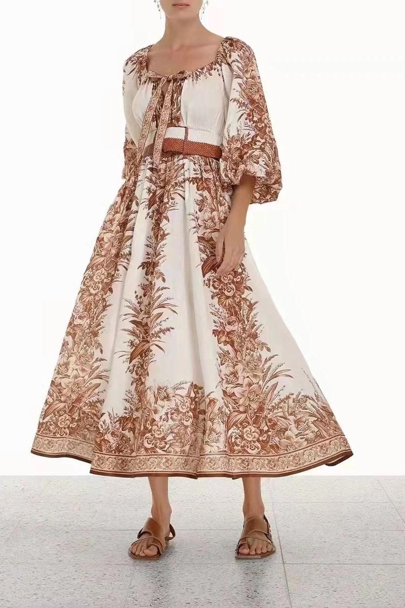 Fresh on the Scene at Buy Center: Lantern Sleeve Elastic Waist Temperament Brown Printed Scoop High Waist Holiday Dress