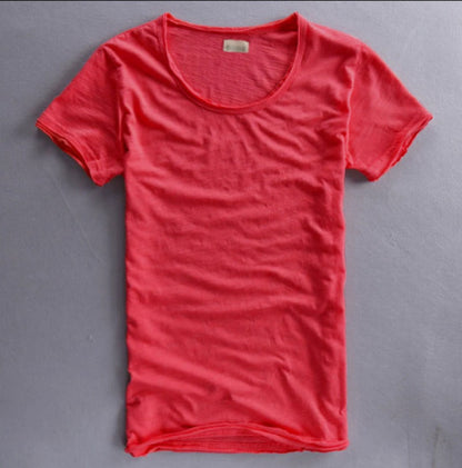 Newly Released at Buy Center: Simple Solid Color T-shirt Slub Cotton Men's Short-sleeved T-shirt Watermelon Red Round Neck