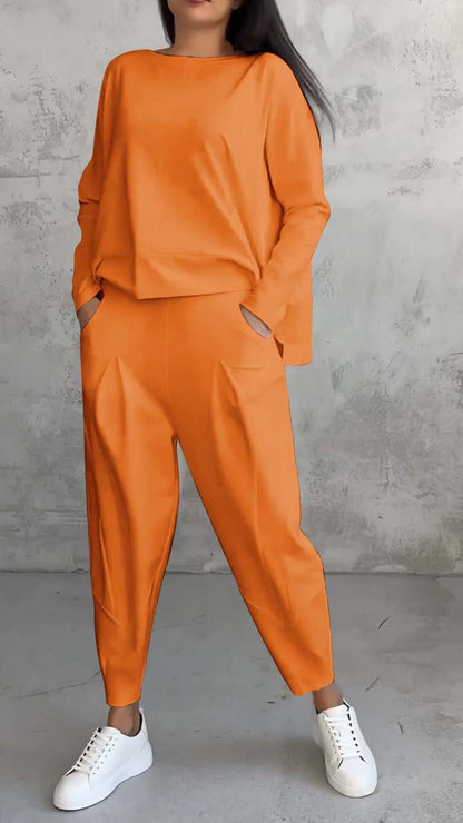 New Women's Irregular Design Long-sleeved Sweater Harem Pants Suit Orange Red