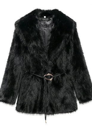 New Faux Fur Plush Lapel And Waist Tight Coat