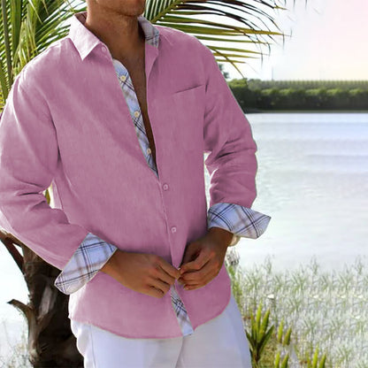 Now Available at Buy Center: Men's Cotton And Linen Stitching Plaid Shirt Pink